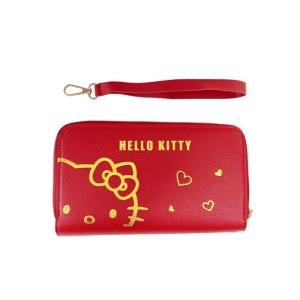 【三麗鷗】Hello Kitty 皮質雙層拉鍊長夾 附腕繩 (紅燙金大臉款)