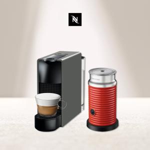 觀銘質感生活家電 Nespresso 膠囊咖啡機 Essenza Mini 優雅灰 紅色奶泡機組合