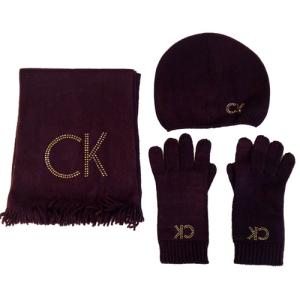 CK紫色毛料圍巾+毛帽+手套三件式組合